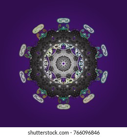 Contour violet, gray and white mandala shaped snowflakes for art therapy style zen drawing. Hand-drawn, stylish doodle in tatto style, fabric design and cards in Vector illustration.