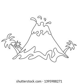 Contour of volcanic eruption with palm trees, which can be used as a coloring. Isolated on white background. Vector illustration.
