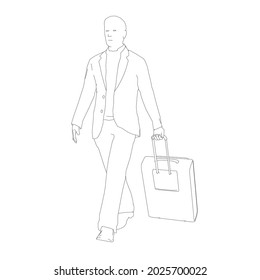 The contour of a walking man with a suitcase on wheels from black lines isolated on a white background. Vector illustration