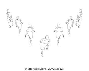 The contour of walking people in two rows of black lines isolated on a white background. Seven women. Front view. 3D. Vector illustration.