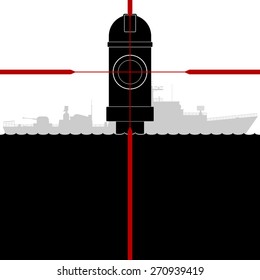 Contour warship in the periscope cross-hairs. Illustration on white background.