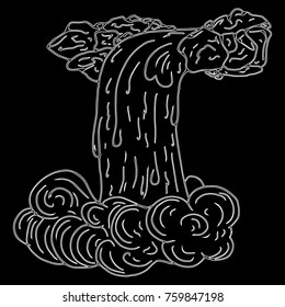 Contour of a waterfall on a black background. A painted waterfall. Waterfall with stones. Vector illustration.