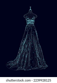 The contour of a wedding dress on a mannequin made of blue lines with glowing lights isolated on a dark background. Vector illustration.