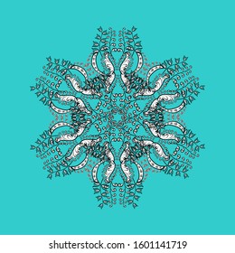 Contour white, black and blue mandala shaped snowflakes for art therapy style zen drawing. Hand-drawn, stylish doodle in tatto style, fabric design and cards in Vector illustration.