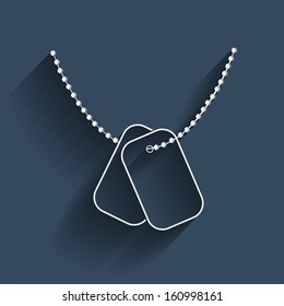 Contour white dogtags with chain in flat design on dark blue. Vector. Web and mobile icon.