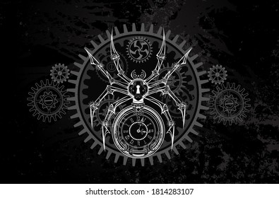 Kontur, Kontur, Schaltplan, mechanische Spinne mit Zifferblatt und Schlüsselloch auf dunklem Hintergrund. Steampunk-Stil.