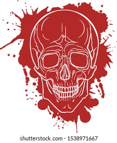 The contour of a white skull on a background of red spots. Smudges of paint. Red ink. Art style. Bright scary picture for the day of death. Cartoon skull, bones. Isolated vector.