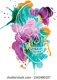 The contour of a white skull on a background of watercolor stains. Lilac, pink, green and yellow splashes. Art style. Bright scary picture for the day of death. The human head. Isolated vector.