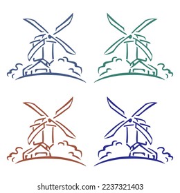 Contorno De Molino De Viento En Una Ilustración De Vectores Paisajísticos Rurales
