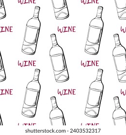 Contour of wine bottle drawn hand on white background with red inscription. Vector illustration