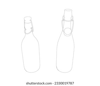 Contour wine bottles on white background. Contour Open and closed bottle of wine. Vector illustration.