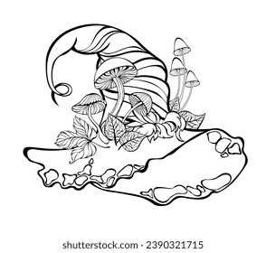 Contour witch hat with artistically drawn mushrooms, leaves and moss on white background. Coloring. hand drawn vector art