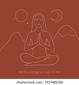 Contour of woman in yoga pose for meditation in mountains with moon and sun. Modern minimalist mystical astrology aesthetic illustration with Motivational quote for poster. Beautiful poster.