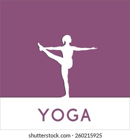 Contour of woman in yoga pose on the colour background. Vector yoga illustration. Girl makes exercises of yoga. Silhouette of yogi in yoga asana. Yoga poster. Linear, flat yoga illustration.