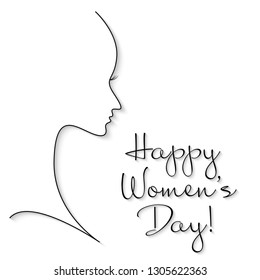 Contour of woman's face and the inscription happy women's day. Black and white background. Vector illustration.