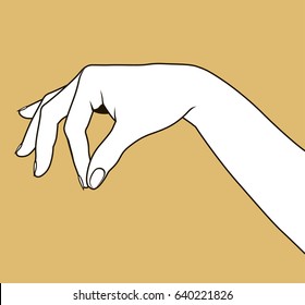 Contour of woman's hand palm down with pinch fingers. Linear drawing. Vector illustration