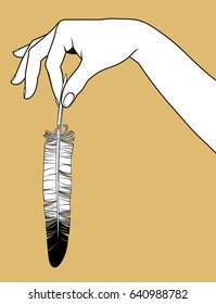 Contorno de la mano de la mujer con un bolígrafo en los dedos. Dibujo lineal. Ilustración del vector