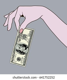 Contour of woman's hand palm down with a 100 dollars bank note in fingers. Linear drawing. Vector illustration