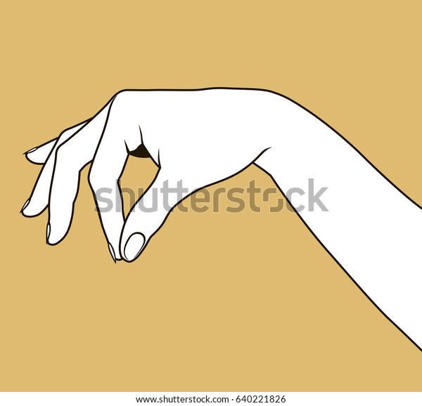 Contour of woman\'s hand palm down\
with pinch fingers. Linear drawing. Vector\
illustration