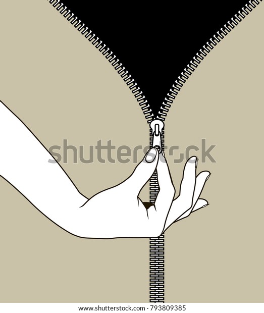 女性の手の輪郭で スライドファスナーをピンチ指で解凍 線形図面 ベクターイラスト のベクター画像素材 ロイヤリティフリー