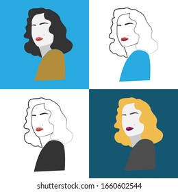 Contour women profile 4 color options. Blue vector with white background. For use on a blog, logo, banner, poster.  Illustration EPS 10