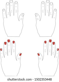  Contour of women's hands with manicure. Fingernails painted red varnish. Vector illustration.
