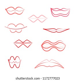 Contour womens lips icons isolated on white. Different Lips Shapes and Emotions Made in Flat Style. Icons for Web and Print Usage.