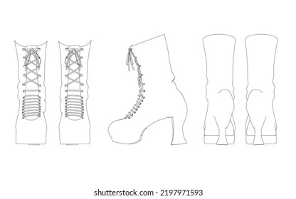 Contour of women's shoes with high heels from black lines isolated on white background. Front, side, back view. Vector illustration.