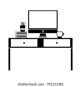contour wood desk with computer screen and books