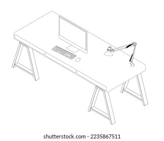The contour of the workplace with a computer on the table and a lamp made of black lines isolated on a white background. Isometric view. 3D. Vector illustration.