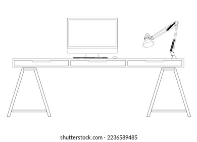 The contour of the workplace with a computer on the table and a lamp made of black lines isolated on a white background. Front view. 3D. Vector illustration.