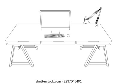 The contour of the workplace with a computer on the table and a lamp made of black lines isolated on a white background. Front view. 3D. Vector illustration.