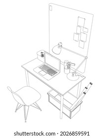 Contour of a workplace with a table, chair, laptop, lamp, camera and drawing supplies. A poster for your notes. Isometric view. Vector illustration