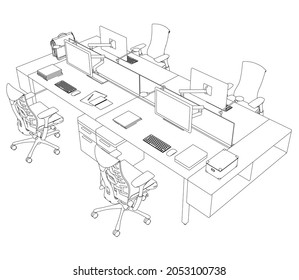 Contour of workplaces with computers and armchairs from black lines isolated on white background. Isometric view. Vector illustration
