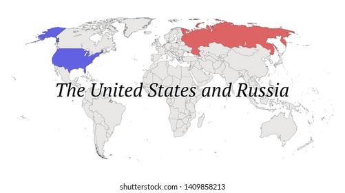 Contour world map with the Russian Federation and the USA on white background. Vector