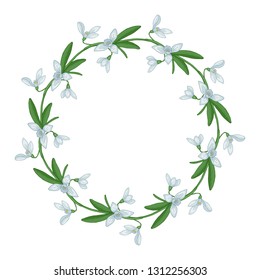 Contour wreath of snowdrops. Round frame for design. Greeting card, wedding announcement. Vector illustration.