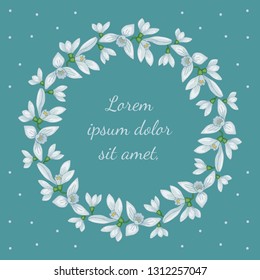 Contour wreath of snowdrops. Round frame for design. Greeting card, wedding announcement. Vector illustration.