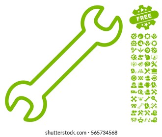 Contour Wrench icon with bonus service pictograms. Vector illustration style is flat iconic eco green symbols on white background.