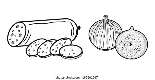 Contour wurst and fig icons. Creative illustration. Black sketch. Idea for decors, logo, patterns, papers, covers, gifts, celebrations and holidays, organic food themes. Isolated vector art.