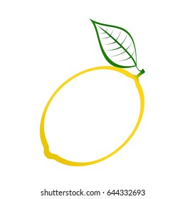 Contour of yellow lemon with green stem and green leaf on white background. Ripe summer natural home made fruits
