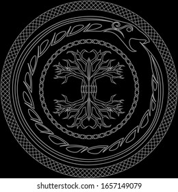 contour yggdrasil and ouroboros in ornamented circles on black background