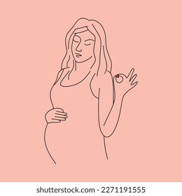 Contour young pregnant woman, holding a small heart in his hand. Outlines of the body of a pregnant girl. Linear silhouette of a girl figure. Vector illustration