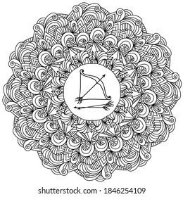 Contour zen mandala with linear patterns and zodiac sign Sagittarius in the center, antistress coloring page from various weaves vector illustration