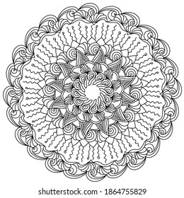 Contour zen mandala with ornate petals and curls, anti-stress coloring page with doodle motifs vector illustration
