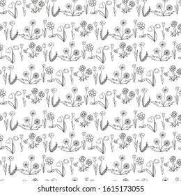 Contoured abstract flowers. Vector seamless pattern on a white background. Hand-drawn doodles of flowers. Flower pattern