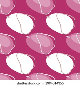 Las ciruelas abstractas de doodles simples contorneadas forman un patrón sin fisuras. Fondo morado. Un fondo de fruta divertida. Perfecto para el diseño de tela, impresión textil, envoltura, cubierta. Ilustración vectorial.