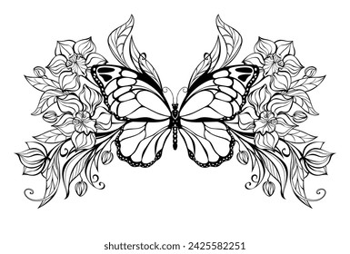 Contoured, artistically drawn butterfly with symmetrical pattern of contoured, blooming orchids with ornamental plants.