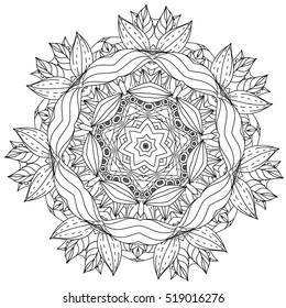 contoured asian style flowers in mandala shape. zen style picture for anti stress drawing or colouring book. Hand-drawn, retro, doodle, vector, for coloring book, poster or card design
