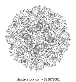 contoured asian style flowers in mandala shape. zen style picture for anti stress drawing or colouring book. Hand-drawn, retro, doodle, vector, for coloring book, poster or card design