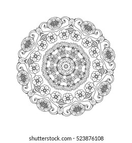 contoured asian style flowers in mandala shape. zen style picture for anti stress drawing or colouring book. Hand-drawn, retro, doodle, vector, for coloring book, poster or card design